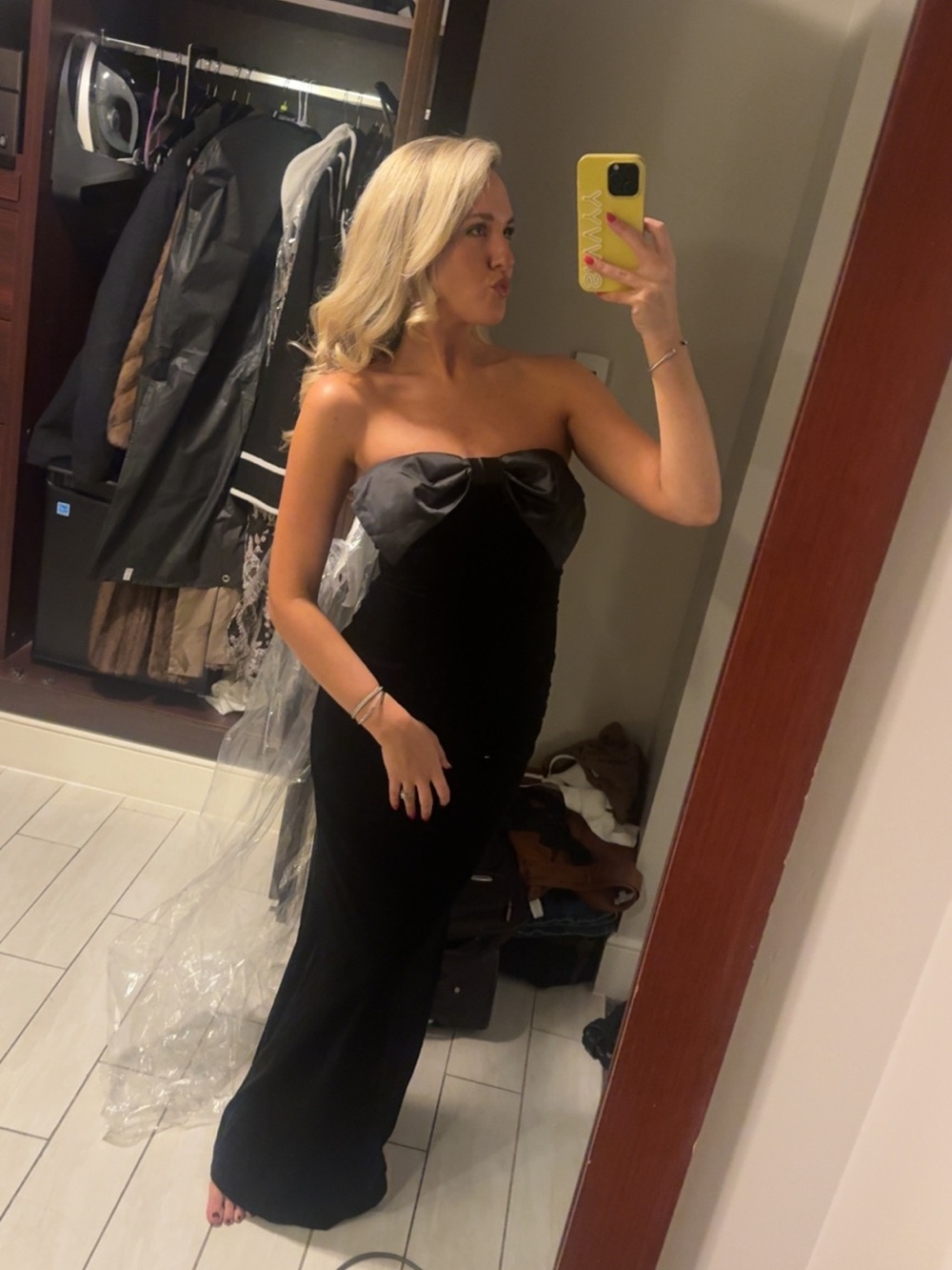 Dramatic Stunner Black Velvet Bow Strapless Maxi Dress